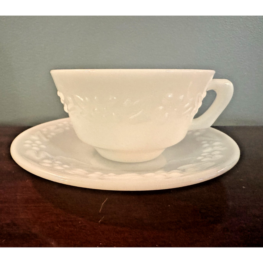 Hazel Atlas Orchard Milk Glass Cup And Saucer Grape Pattern Vintage